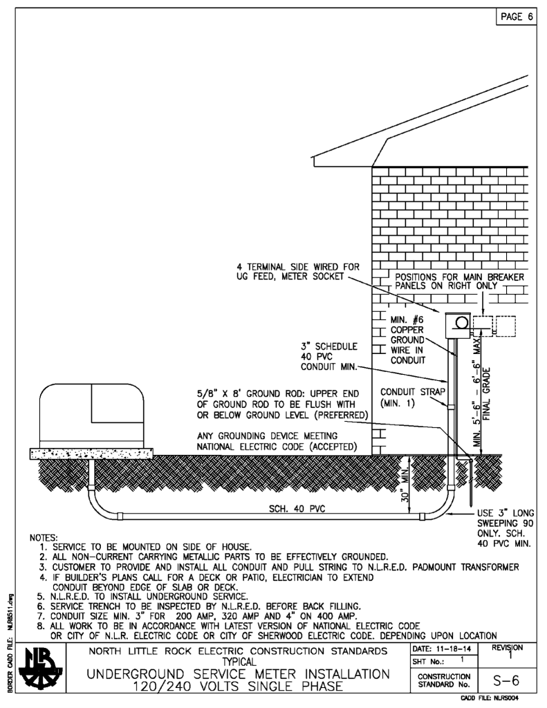NLR Electric Engineering S6 Spec for Underground Service Meter installation 120/240 volts single phase.