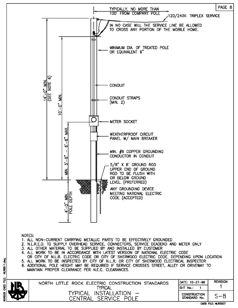NLR Electric Engineering S8 Spec for typical installation of a central service pole.