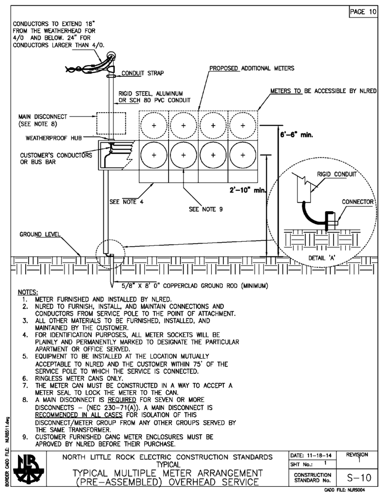 NLR Electric Engineering S10 Spec for a Typical Multiple Meter Arrangement Pre-assembled Overhead Service.