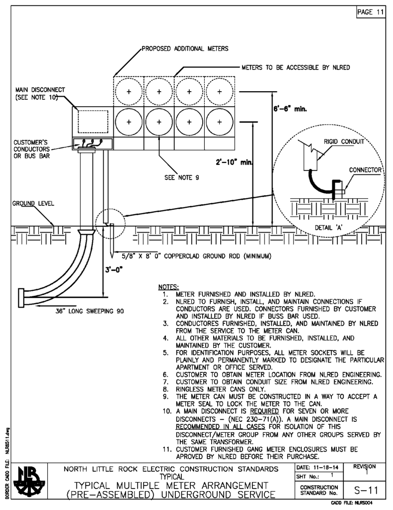NLR Electric Engineering Spec S11 for a Typical Multiple Meter Arrangement Pre-assembled Underground Service.