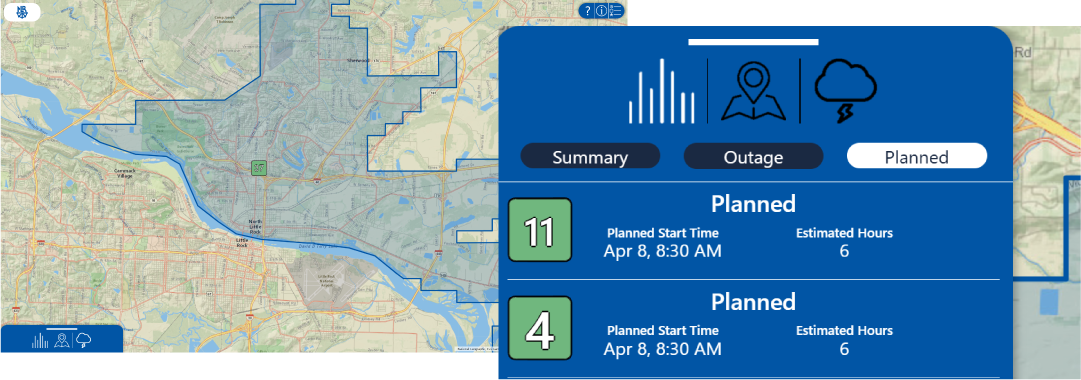 Example of planned outages on map and the planned outage tab.